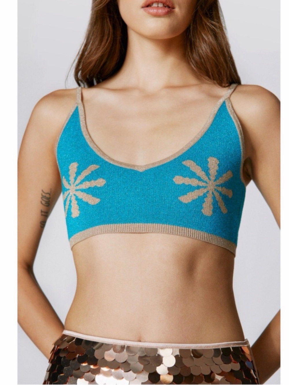 Nasty Gal Blue Festival Crop Top with Gold Trim and Flower Detail